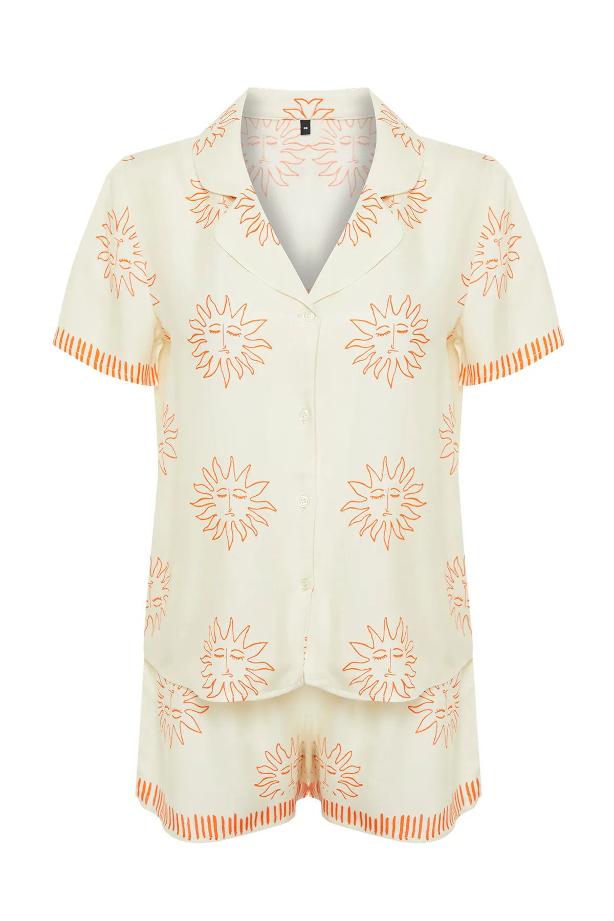 Trendyol Collection  Pyjama-Set aus gewebter Viskose mit Ecru-Orange-Galaxy-Muster THMSS24PT00009
