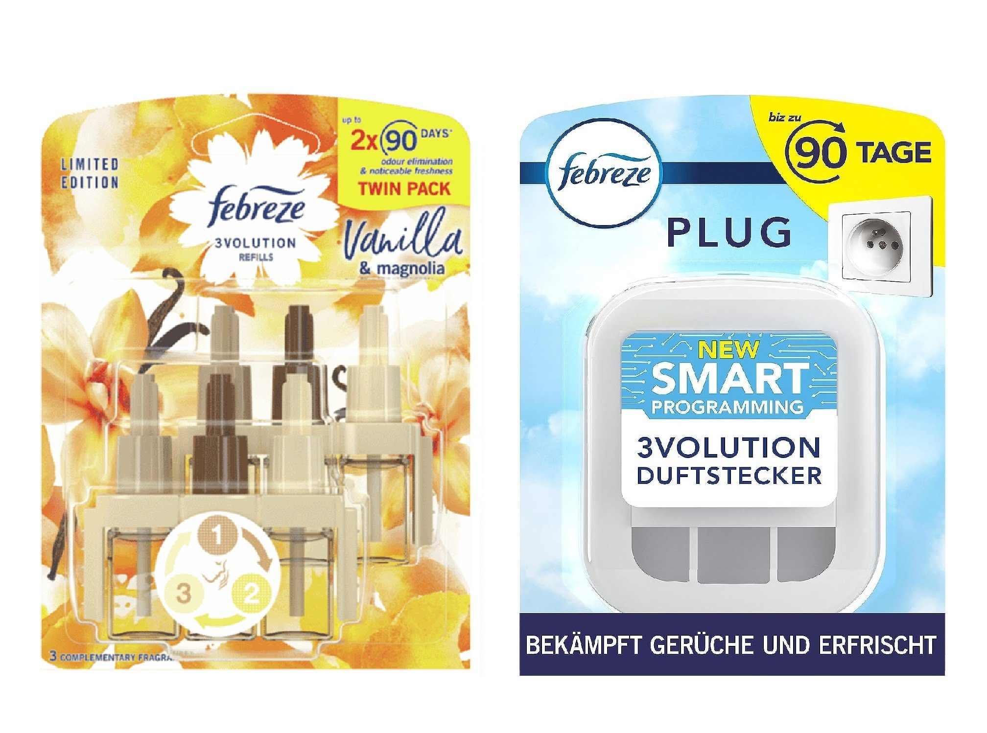 Febreze Raumduft Raumduft Vanilla & Magnolia 2x3er Duftölflakon + 1x Duftgerät (Vanille Nachfüller Duftstecker Duftöl Inkl. Duftstecker von Febreze 20ml je Flasche Aromatherapie Duftölflakon Flakon Diffuser, 3-St., Starterset 2x 3er Febreze 3Volution