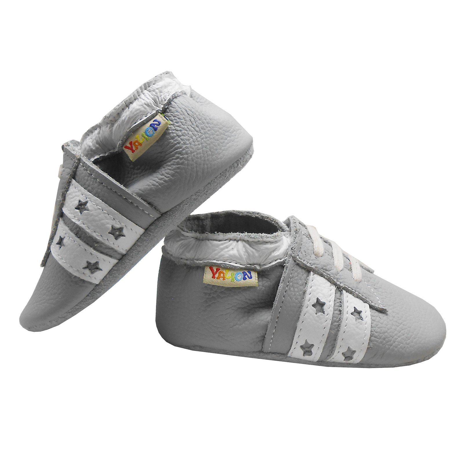 Yalion Weiche Leder Lauflernschuhe Hausschuhe Lederpuschen Streifen Grau Krabbelschuh elastisch