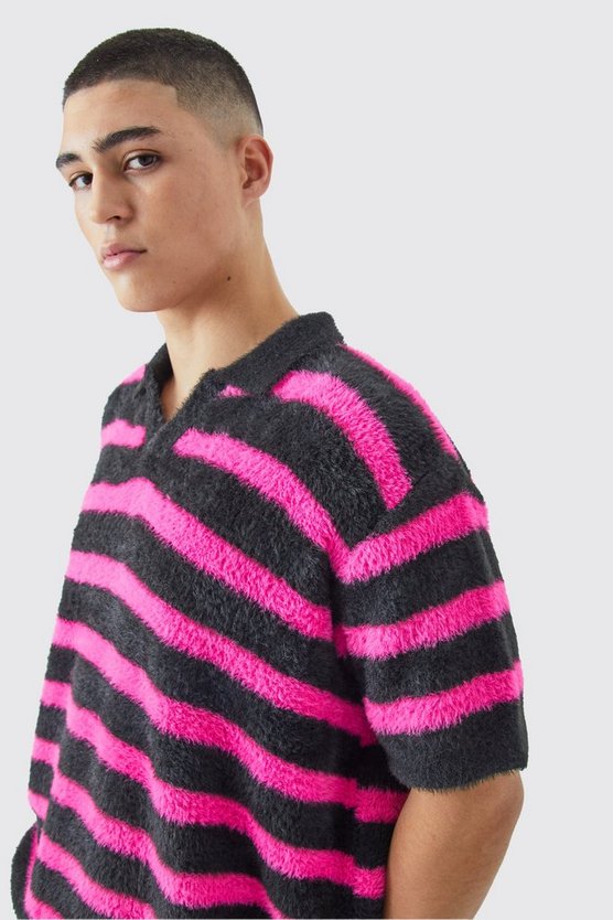Flauschiges gestreiftes Oversize Poloshirt