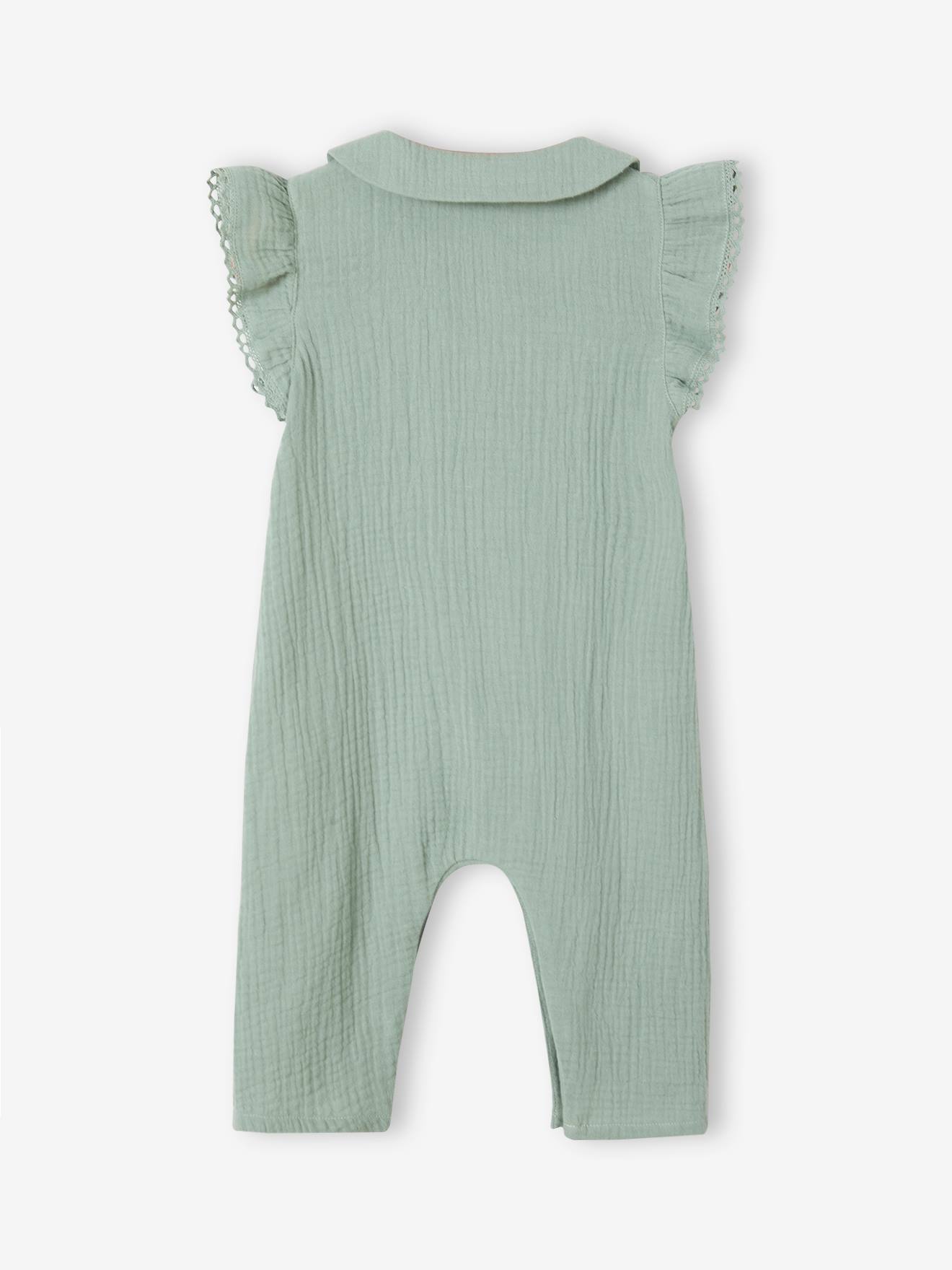 Vertbaudet Mädchen Baby Overall, Schmetterlingsärmel mit Stickerei - salbeigrün