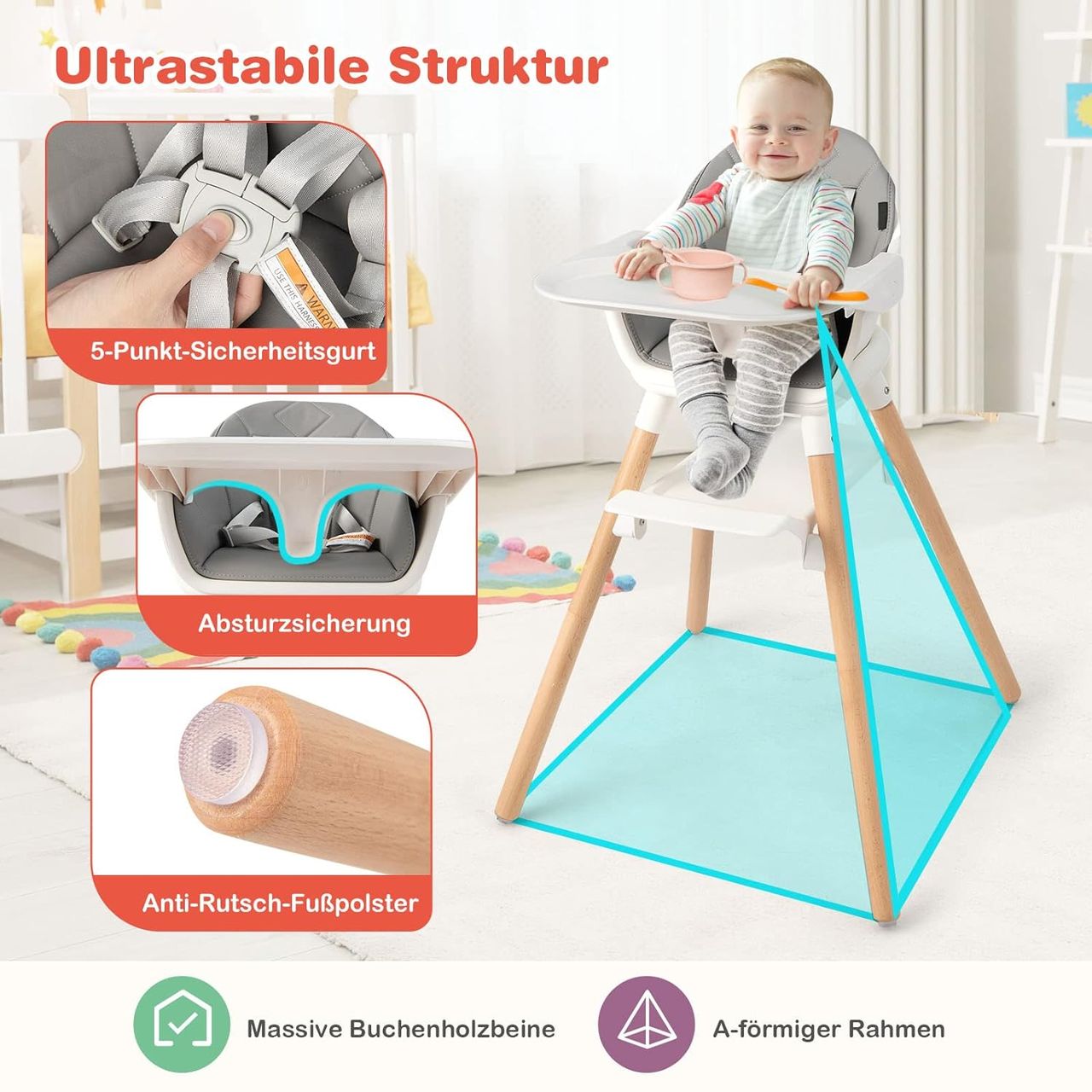 Costway 6 in 1 Babyhochstuhl aus PP & Buchenholz