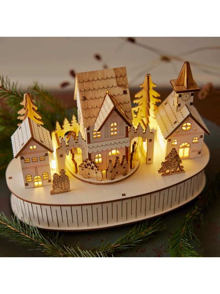 MARELIDA LED Weihnachtsdorf mit Musik und fahrendem Zug H: 15,5cm in natur günstig kaufen onesize