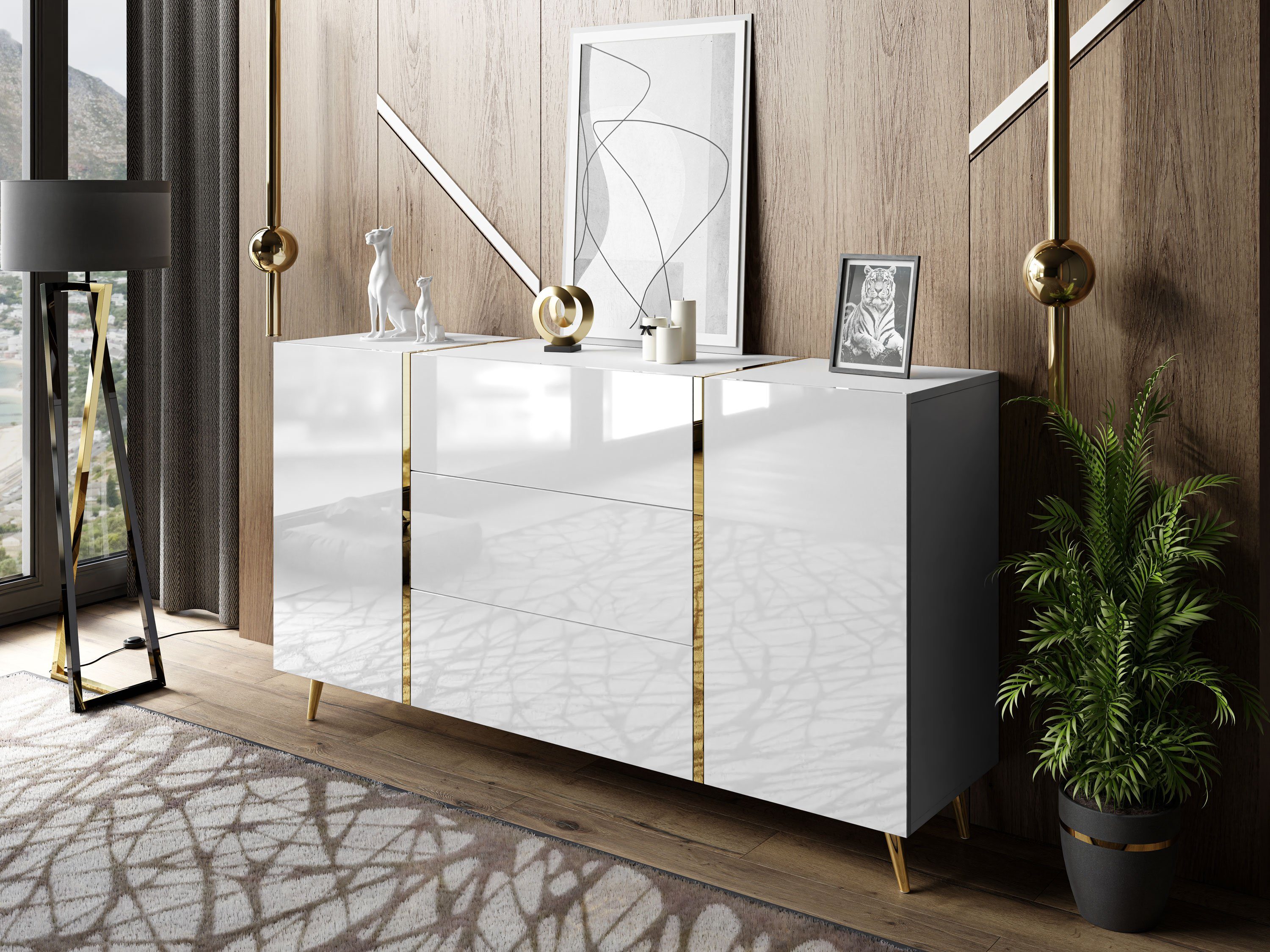 yourhouse24 Kommode ONYX goldenen Beinen Sideboard Hochglanz Push-Open / Goldgriffe 158 cm