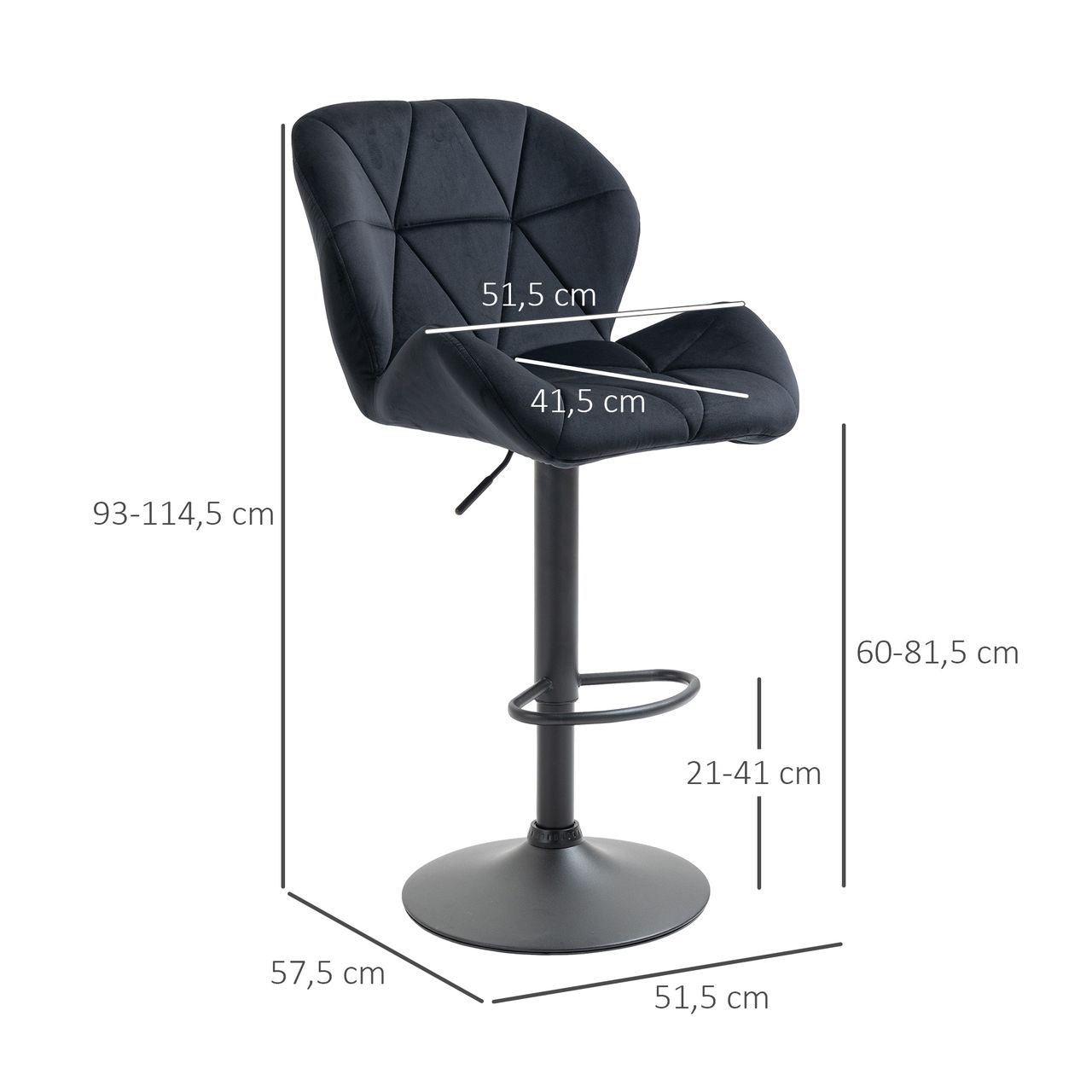 HOMCOM 2er-Set Barhocker drehbare Barstühle mit Lehne höhenverstellbarer Bistrohocker Tresenhocker Samt Touch armloser Schaumstoff Schwarz 51,5x 57,5 x 93-114,5 cm