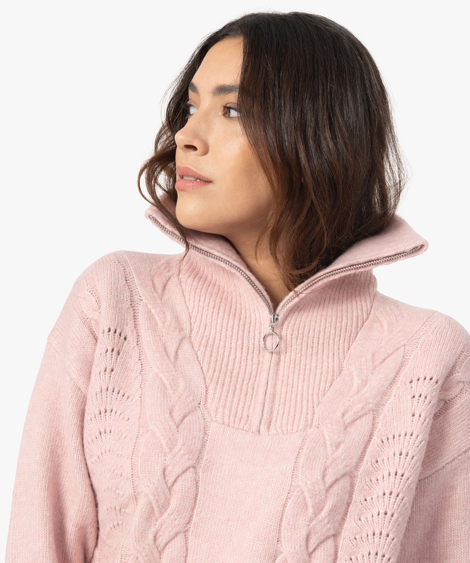 Robe pull femme en maille fantaisie avec col camionneur rose | GEMO