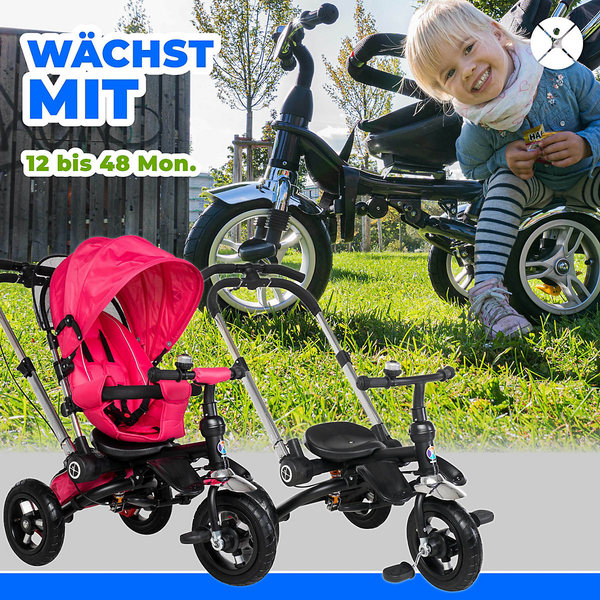 Kinderwagen Buggy Dreirad KSF12 Schieber - 7in1 Kinderdreirad mit Schubstange & Buggy