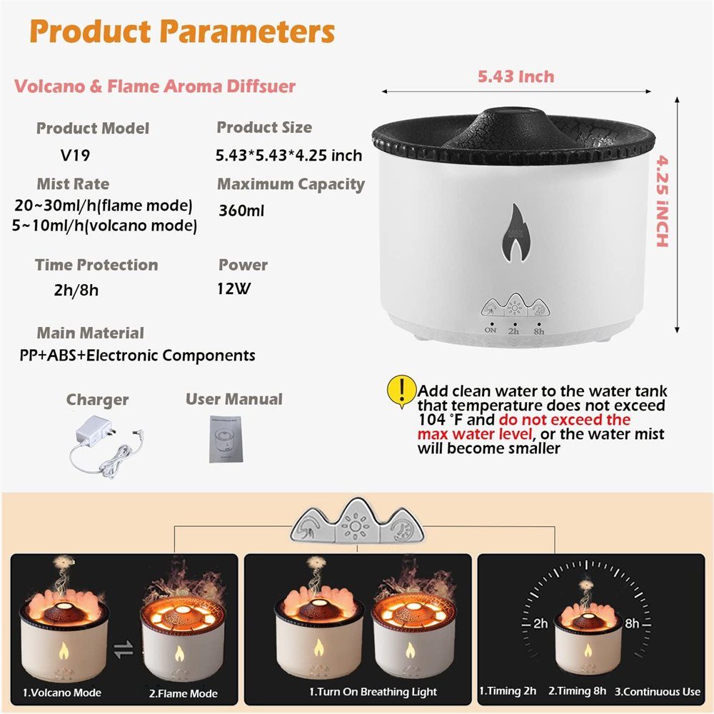 TIKOO Luftbefeuchter Luftbefeuchter - Vulkan-Flammen-Aromadiffusor für den Hausgebrauch, 0,36 l Wassertank