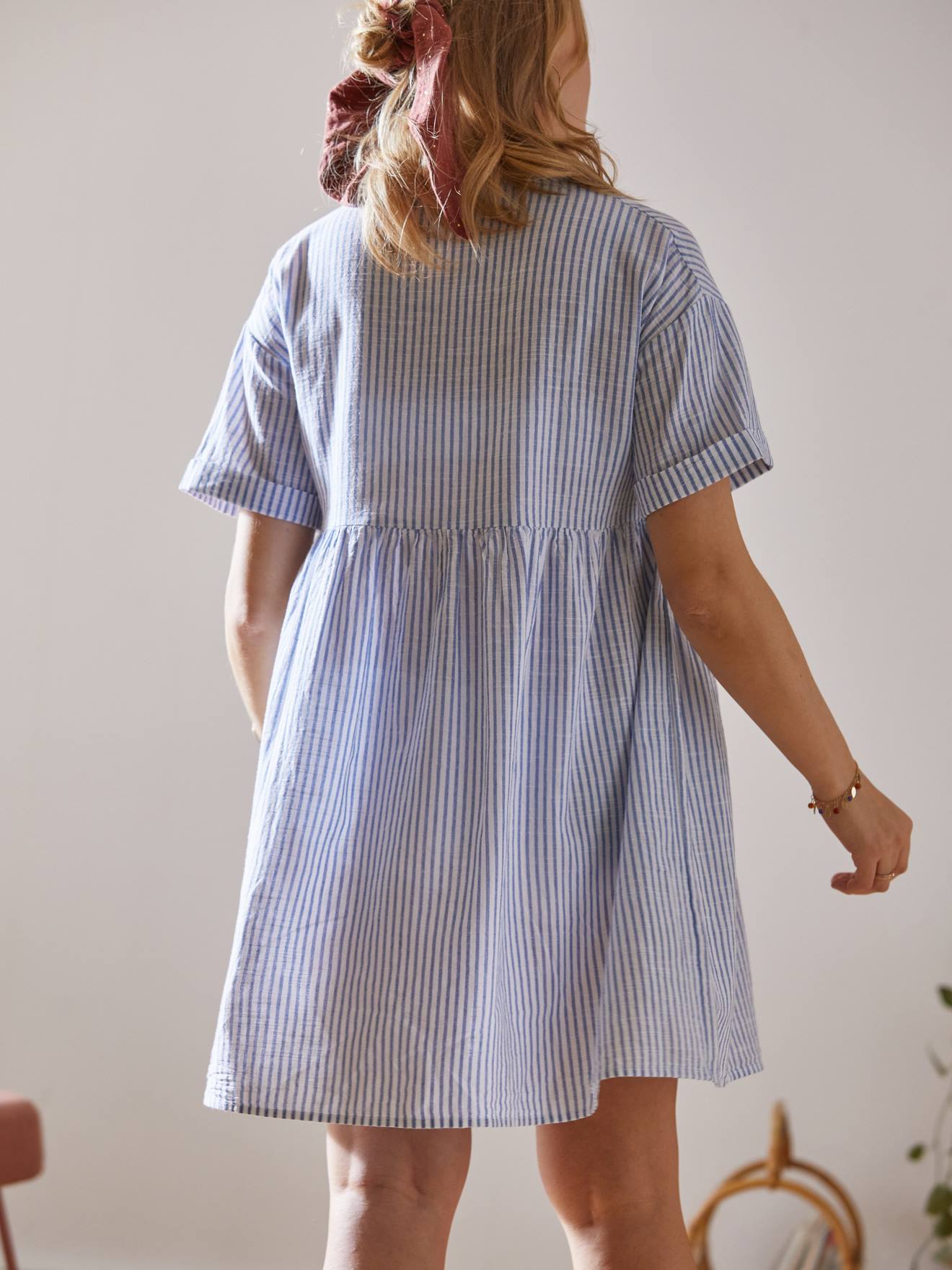 Robe-chemisier rayée courte grossesse et allaitement rayé bleu et blanc