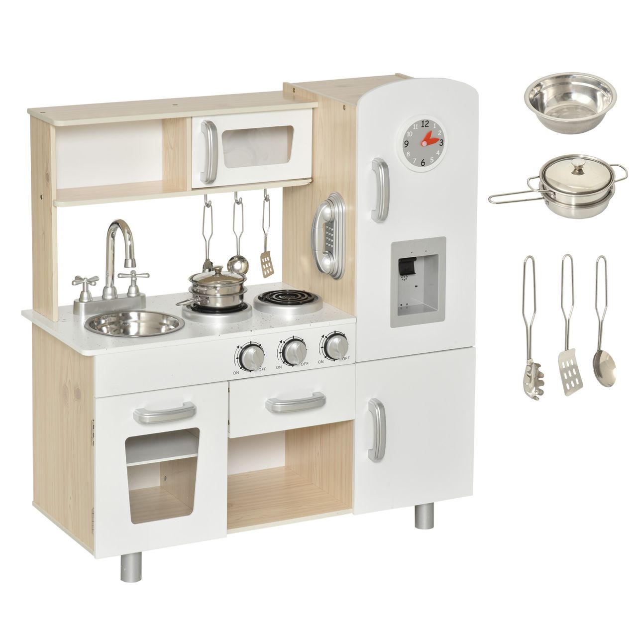HOMCOM Kinderküche mit Zubehör, Traumküche, Spielküche, Spielzeugküche für 3 Jahre , Kiefer, MDF, Weiß, 74 x 30 x 81 cm
