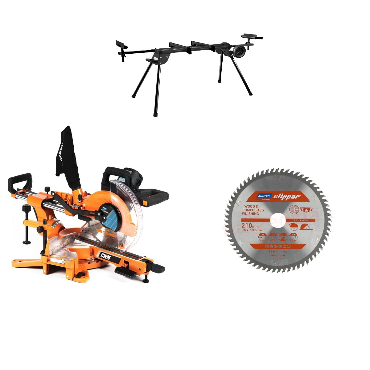 Serra de esquadria Norton Clipper 70184631371 CWM216 de 216 mm + suporte + lâmina de serra para madeira/compósitos