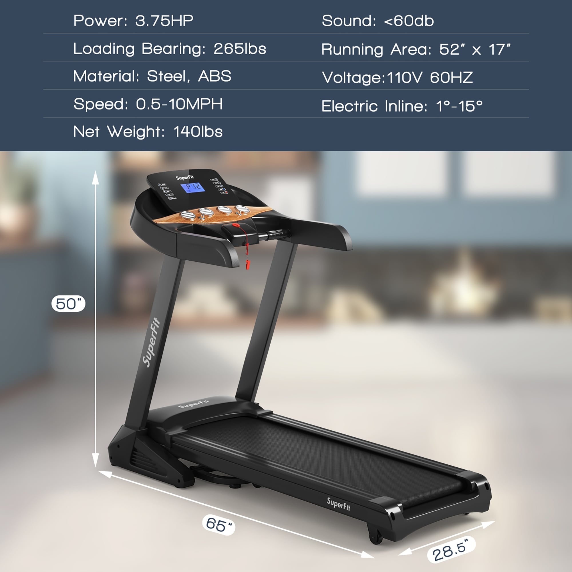 Superfit 3.75HP Electric Folding Treadmill W/Auto Incline 12 Program - See details