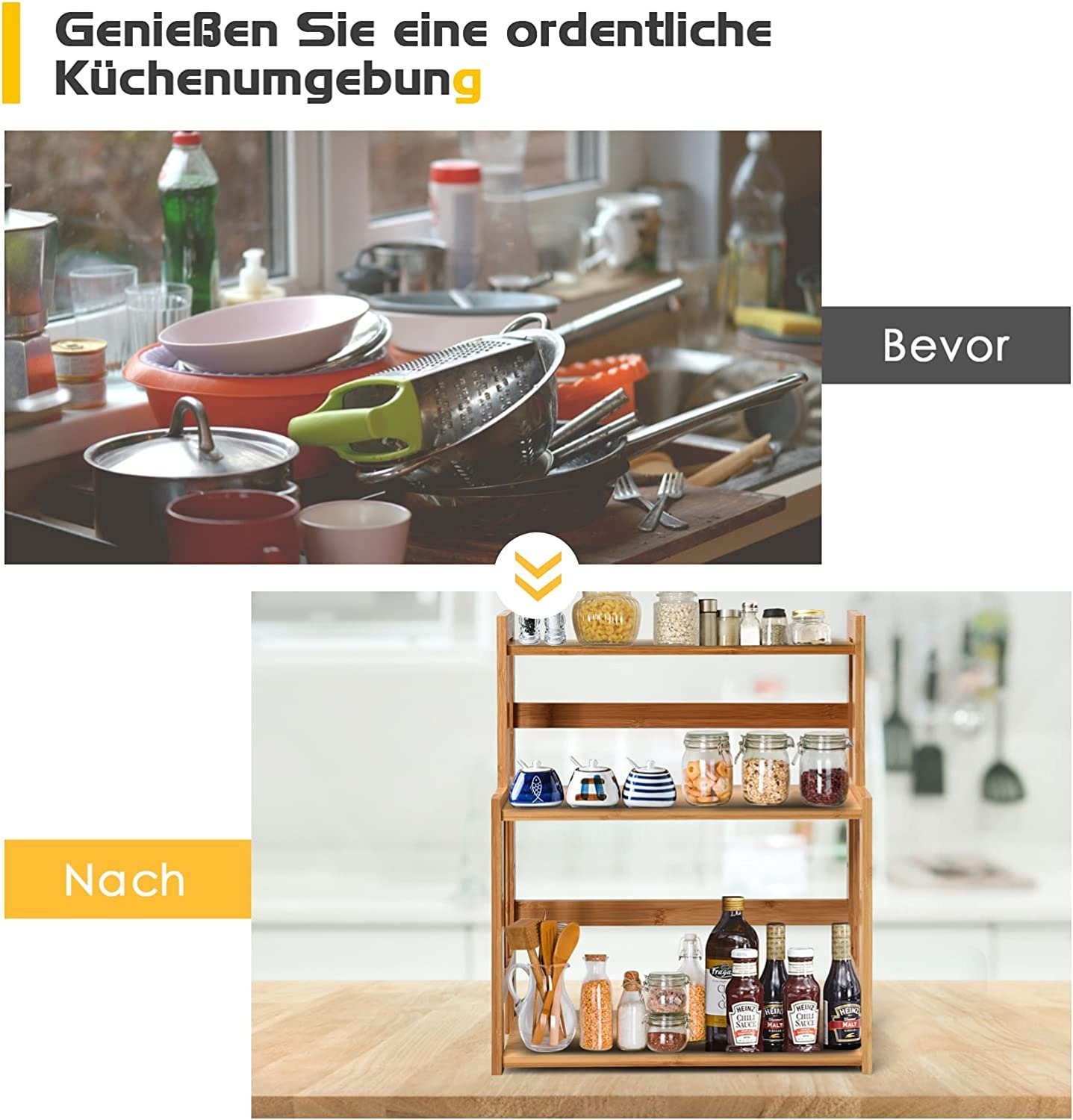 KOMFOTTEU Gewürzregal Küchenregal, mit 3 Etagen, aus Bambus, verstellbar
