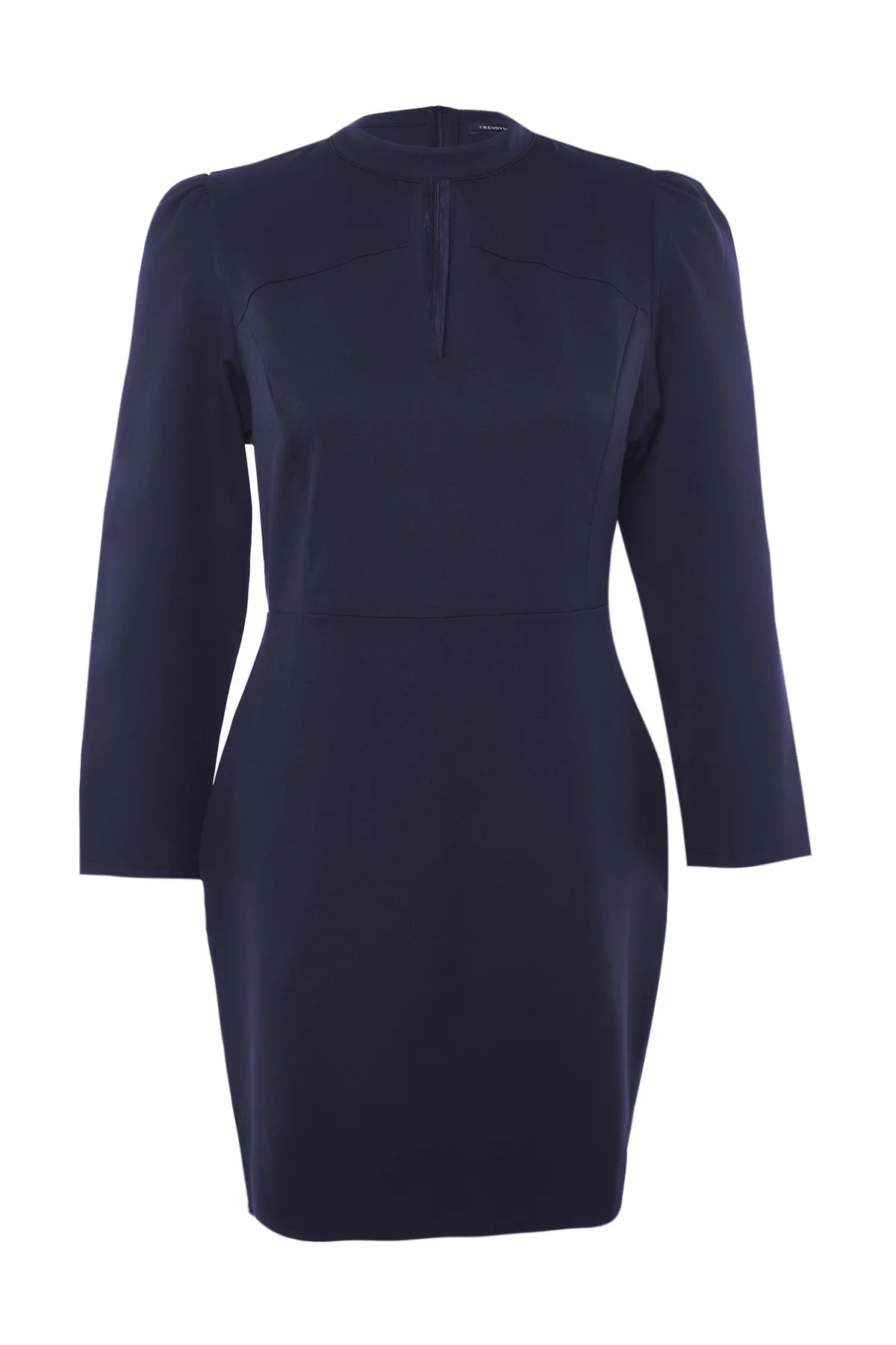 Trendyol Curve  Marineblaues, figurbetontes Minikleid aus Webstoff mit großem Kragen, tiefem Ausschnitt, ungefüttert, langen Ärmeln, TBBAW23AH00040