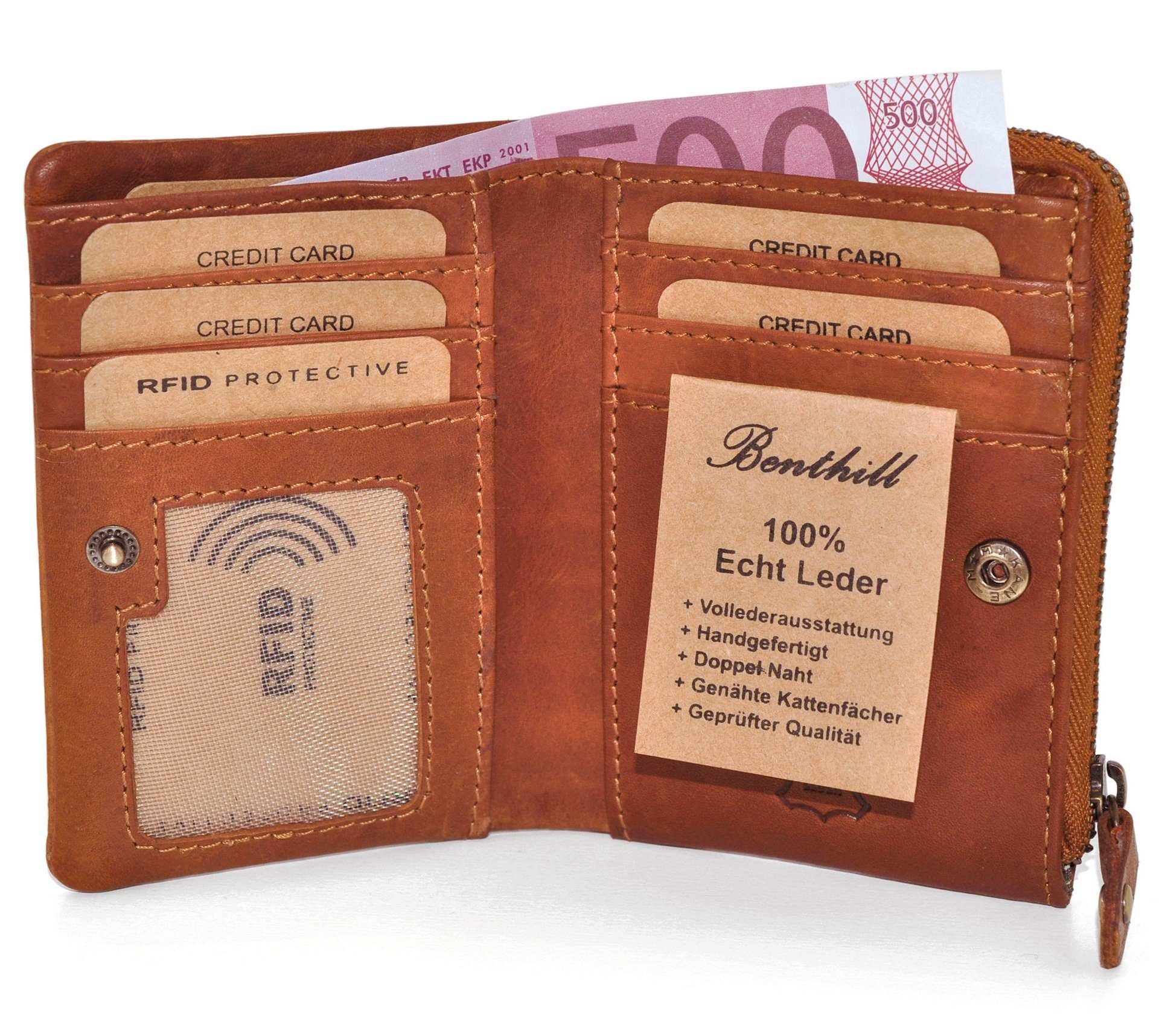 Benthill Geldbörse Klein Echt Leder Geldbeutel RFID Schutz 6 Kartenfächer Slim-Wallet, RFID-Schutz Kartenfächer Münzfach Reißverschlussfach
