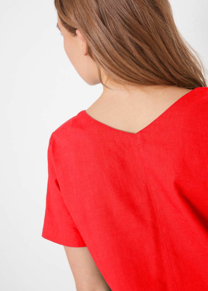Knielanges Kleid mit Leinen und V-Ausschnitt, Halbarm