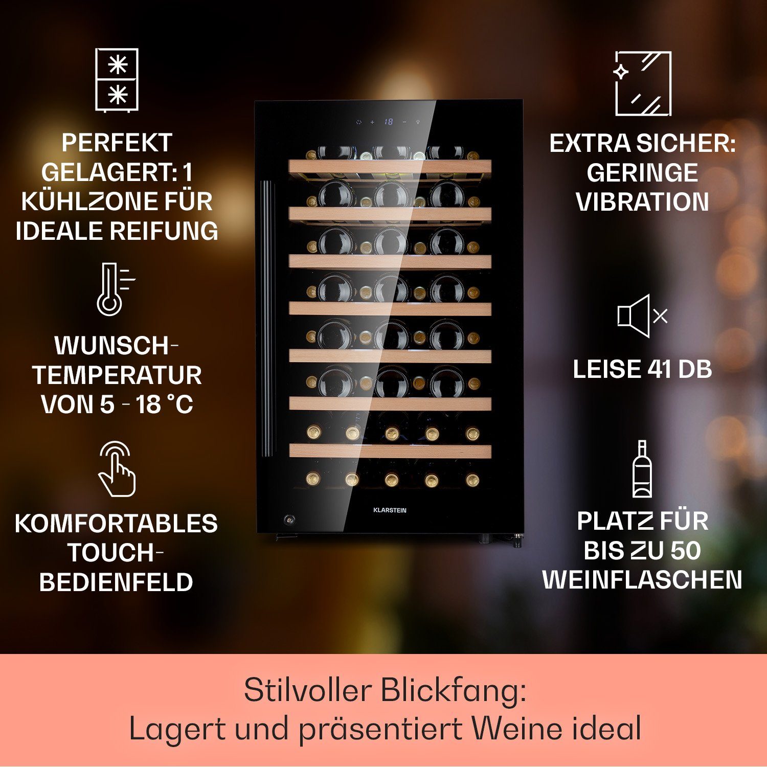 Klarstein Weinkühlschrank Barossa 50 Uno, für 52 Standardflaschen á 0,75l,Wein Flaschenkühlschrank Weintemperierschrank Weinschrank Kühlschrank