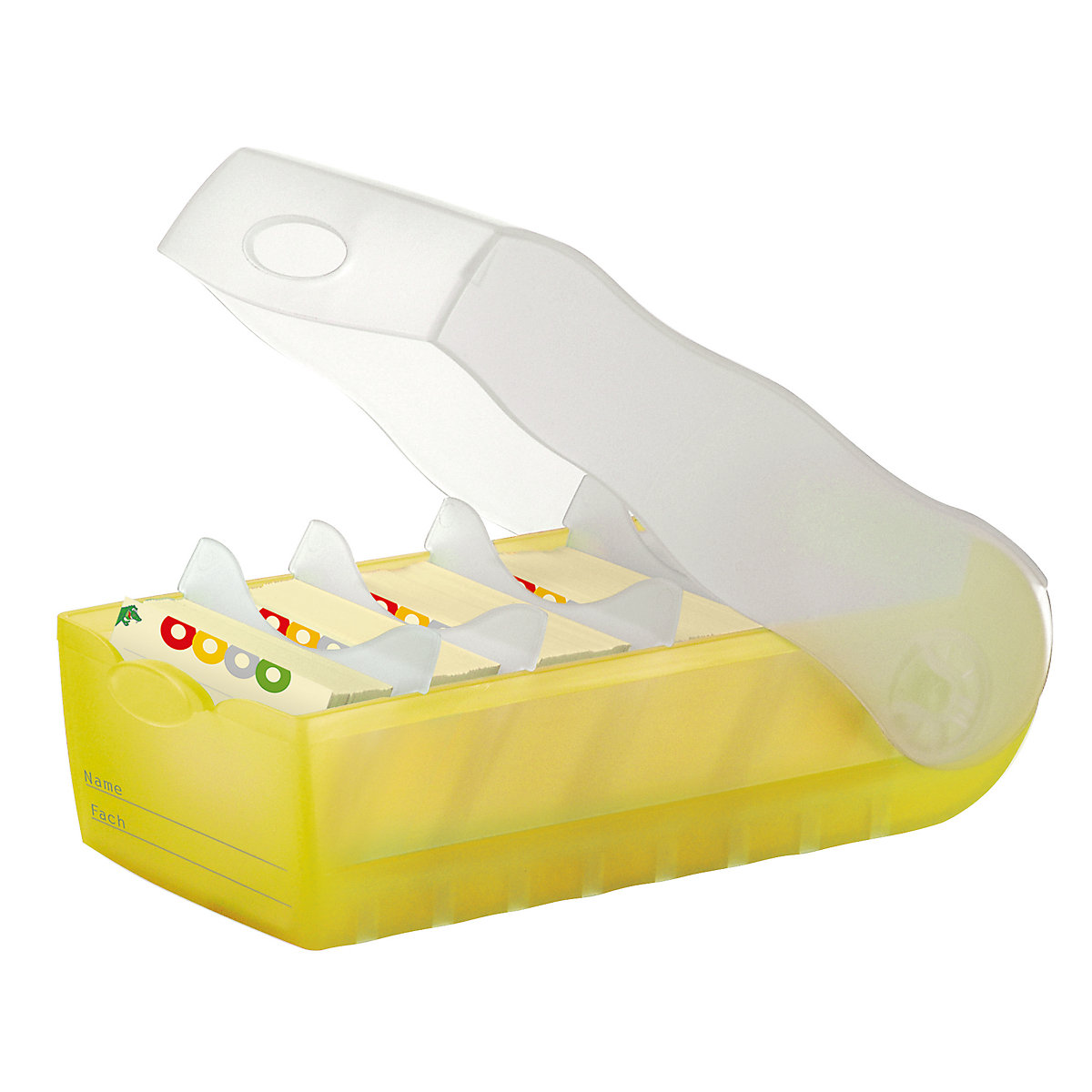 Karteibox CROCO DIN A7 quer mit 5 Stützplatten und 100 Karten, transluzent-gelb
