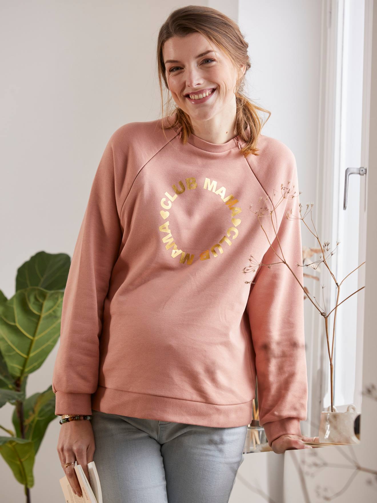 Sweat molleton à message grossesse et allaitement blush