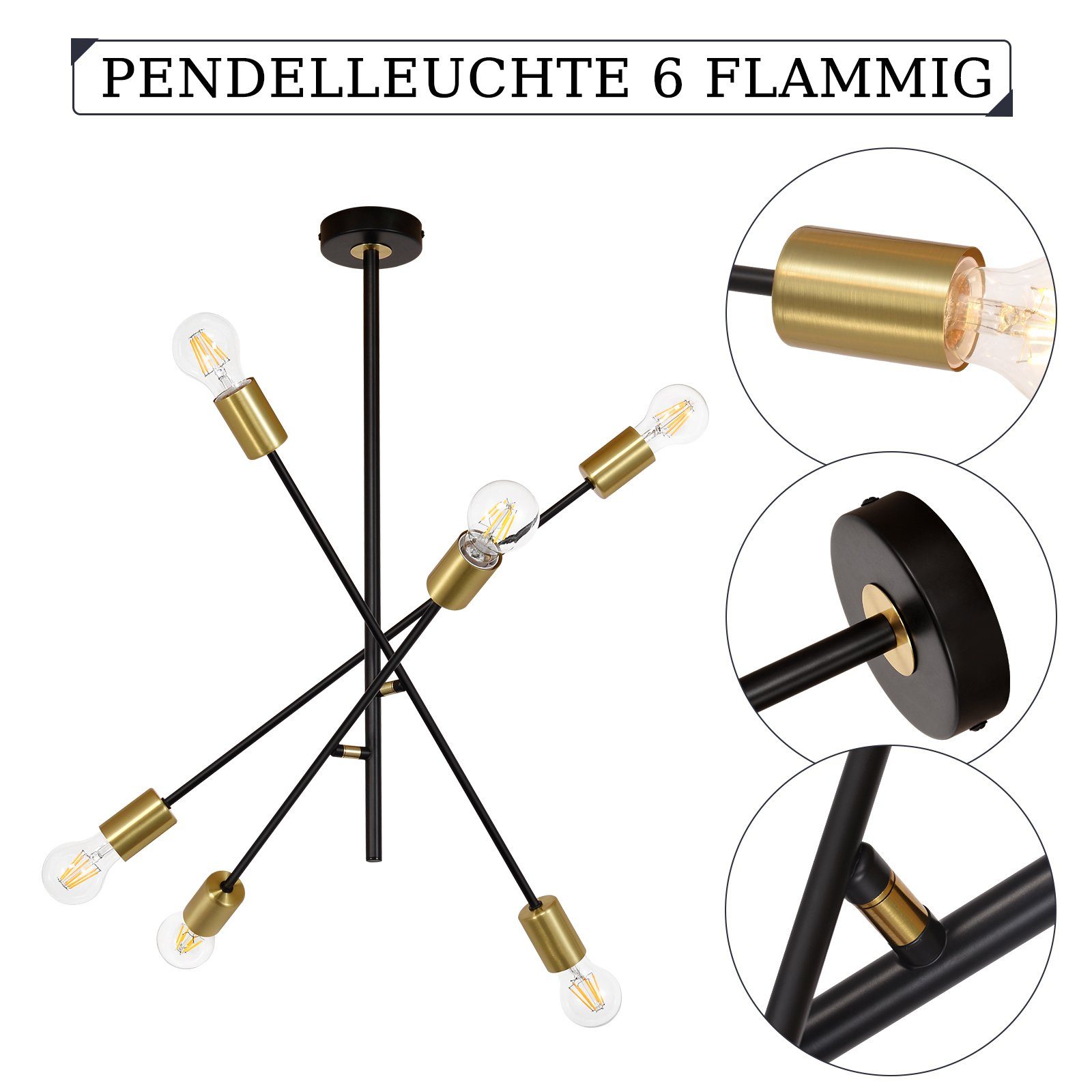 Nettlife Pendelleuchte Schwarz Esstisch mit 4/6 Flammig Hängelampe Vintage Hängeleuchte, Flexibler Lampenmast, ohne Leuchtmittel, für Wohnzimmer Esszimmer Schlafzimmer, 6 Flammig, E27