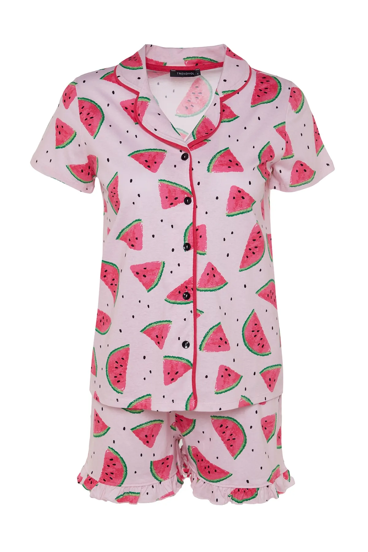 Trendyol Collection  Rosa Pyjama-Set aus Hemd und Shorts mit Rüschen, 100 % Baumwolle, Wassermelonenmuster, THMSS21PT0670