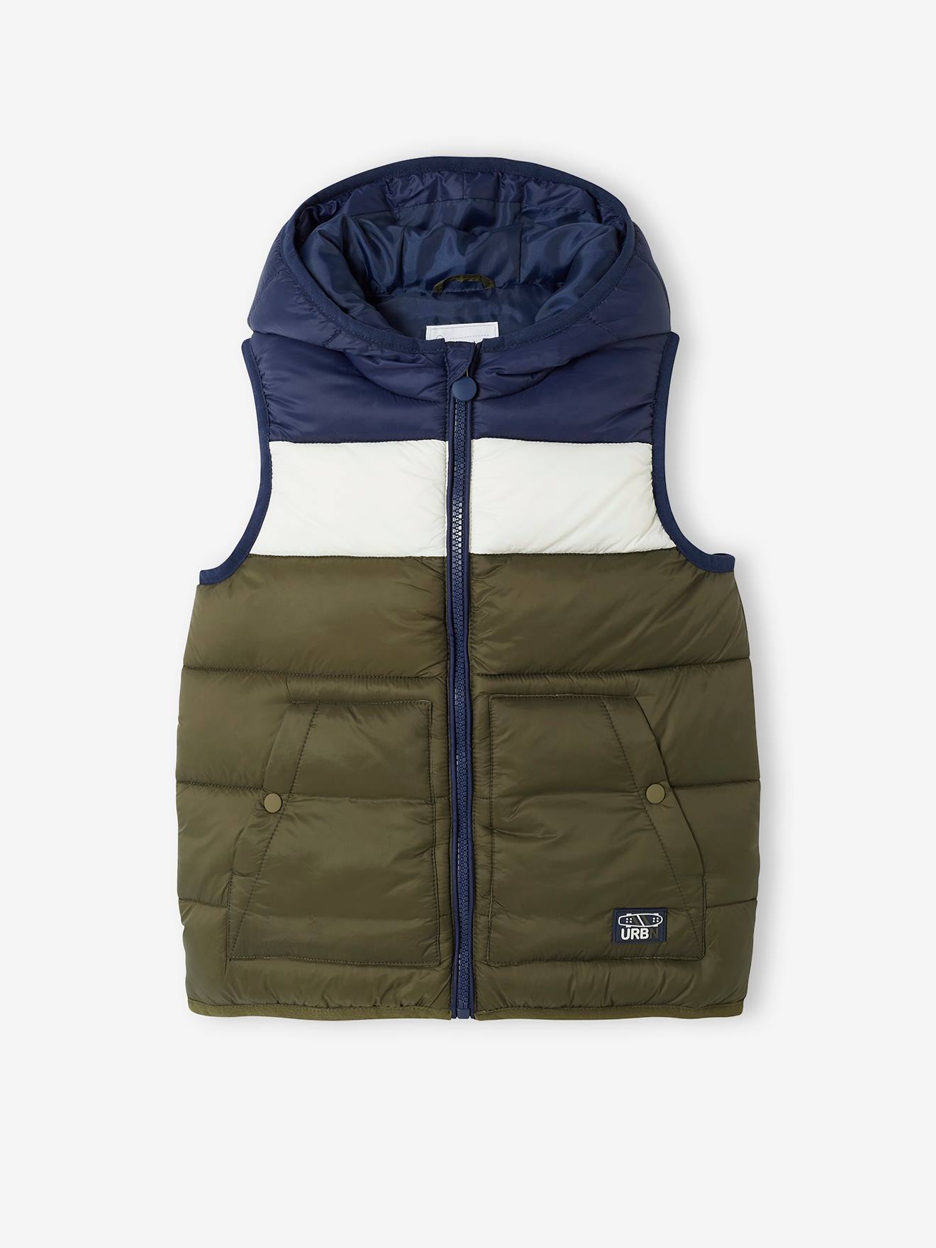Doudoune sans manche à capuche colorblock garçon kaki