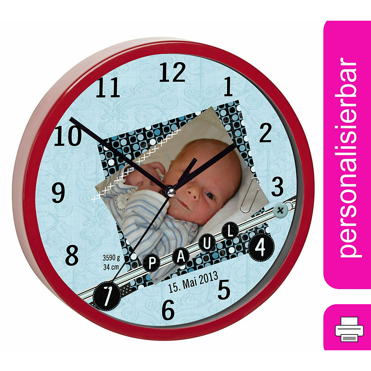 Kinder Wanduhr personalisiert mit Name Scrapbooking blau