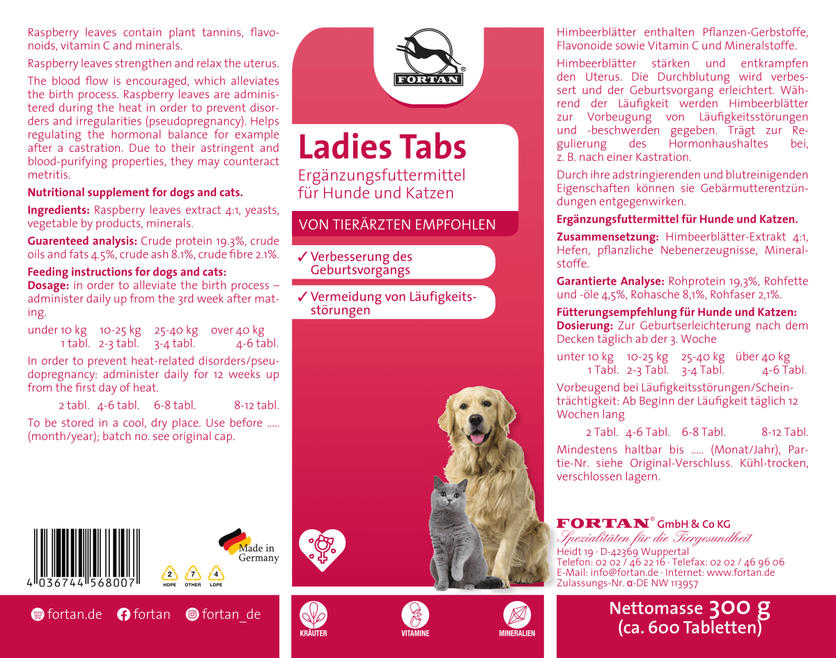 Fortan Ergänzungsfutter & Aufzucht Fortan Ladies Tabs mit Himbeerblätter-Extrakt 300 g