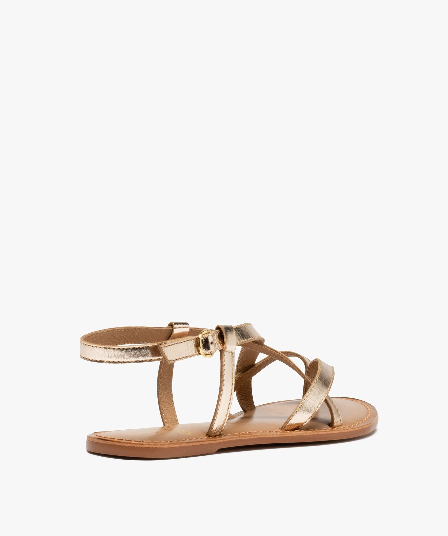 Sandales femme à talon plat et brides fines en cuir uni or | GEMO