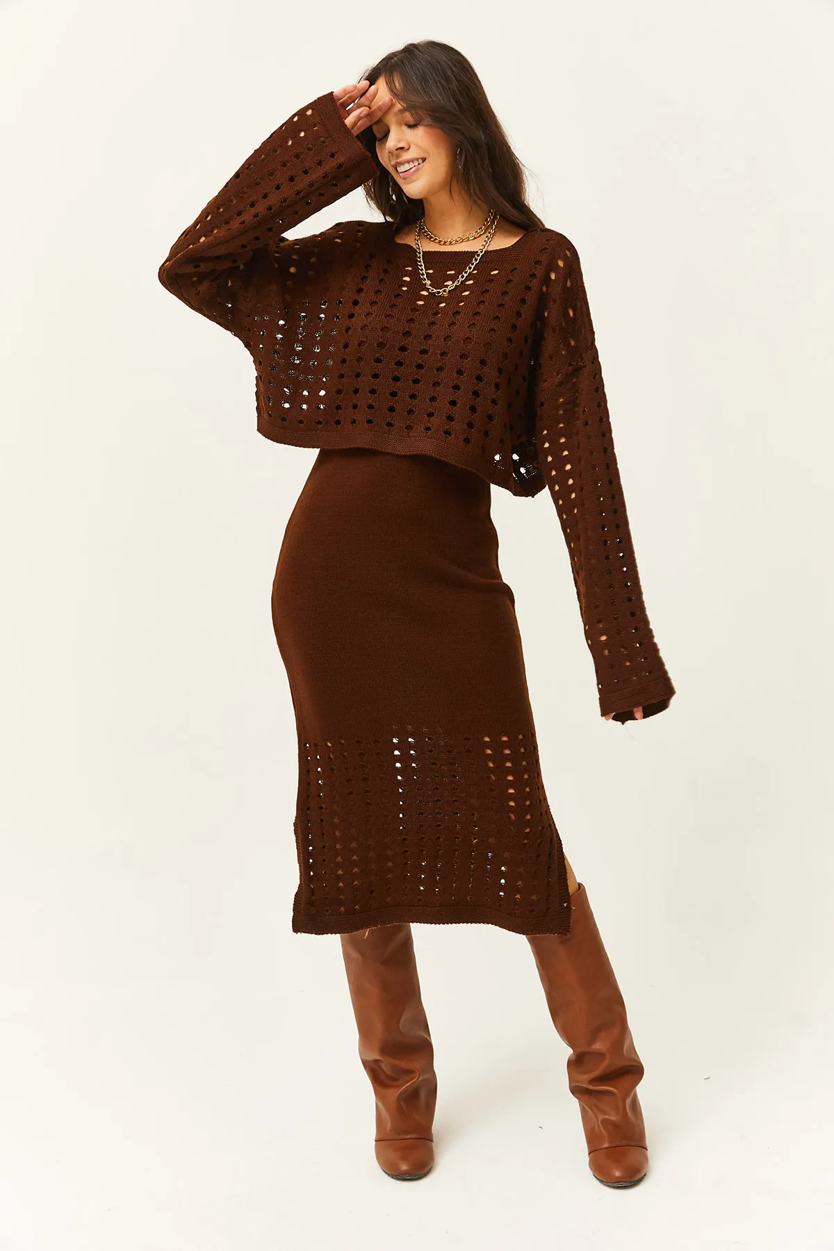 Olalook  Damenoberteil, durchbrochener Pullover, unten, durchbrochenes Kleid, Strickanzug, Bitterbraun, TKM-19000246