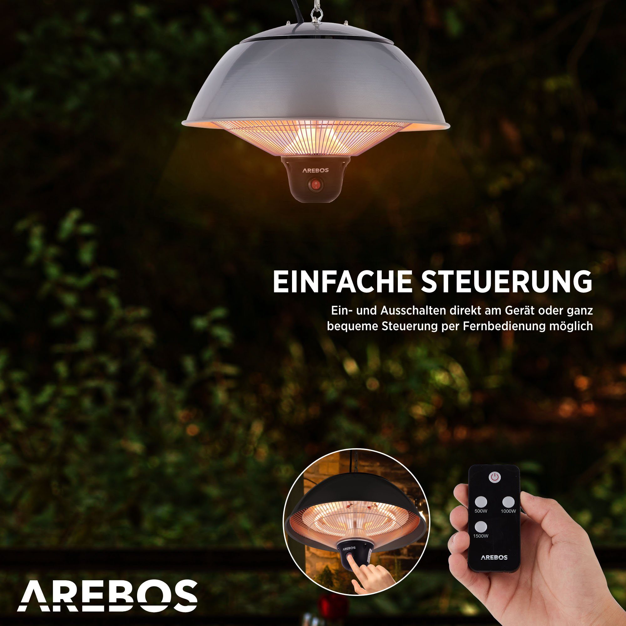 Arebos Heizstrahler Decken-Heizstrahler, Balkonheizer, 3 Heizstufen 500/1000/1500 W, Deckenstrahler