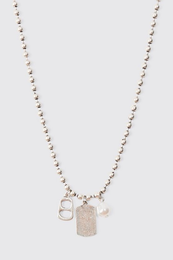 Metal Bead Chain With Dog Tag Pendant Necklace In Silver