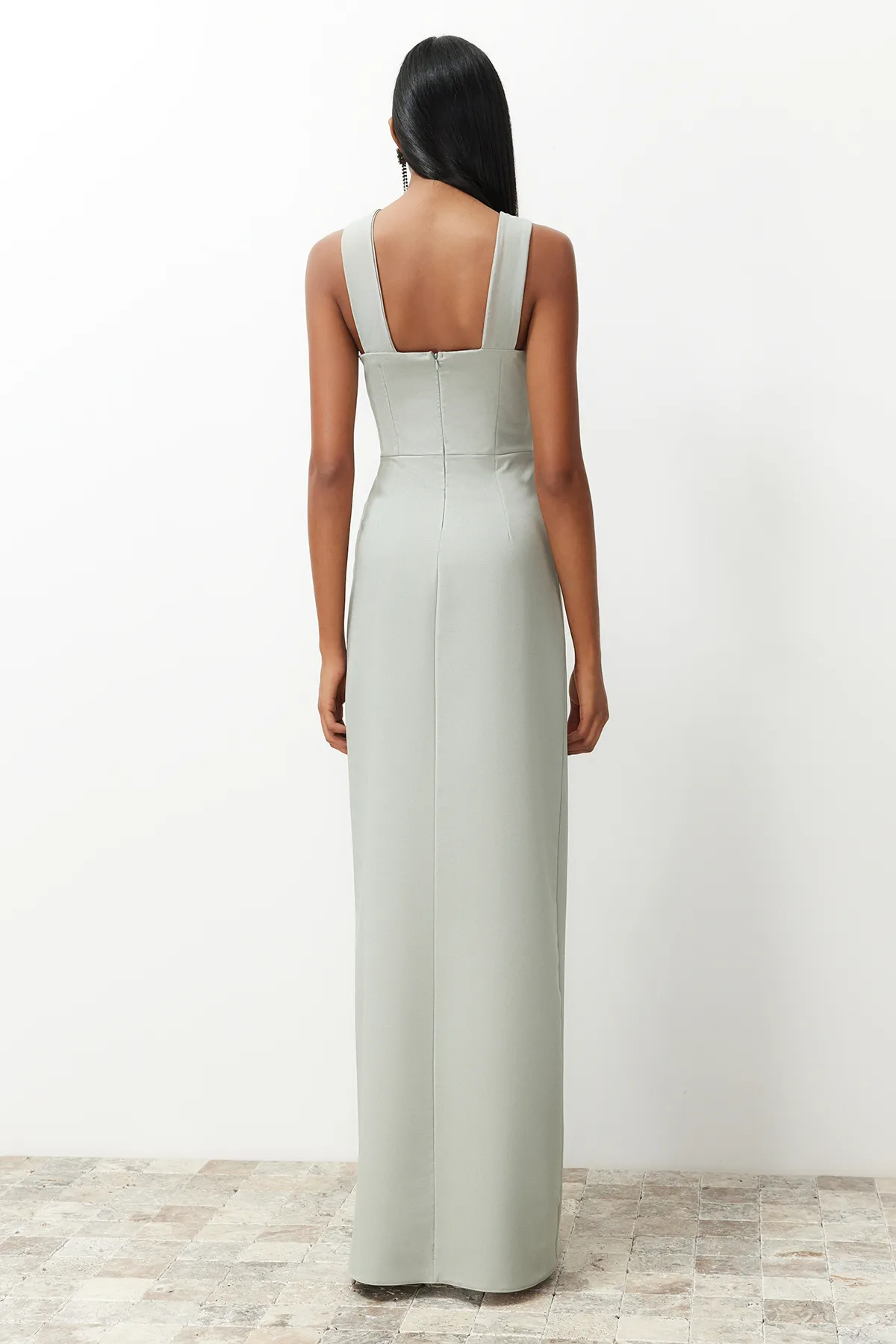 Trendyol Collection  Mintgrünes, gewebtes langes Abendkleid mit Rüschen TPRSS24AE00091