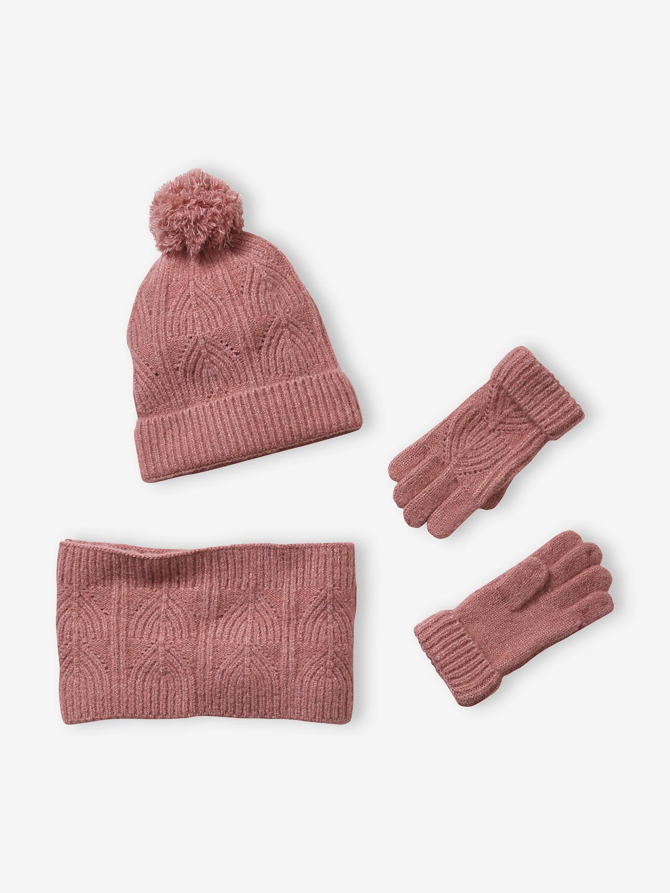 Ensemble bonnet + snood + moufles en maille torsadée mousseuse rose