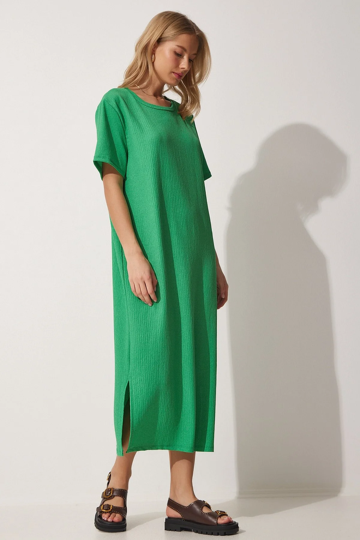 Happiness İstanbul  Grünes, lockeres, langes, tägliches Sommer-Strickkleid für Damen DZ00076