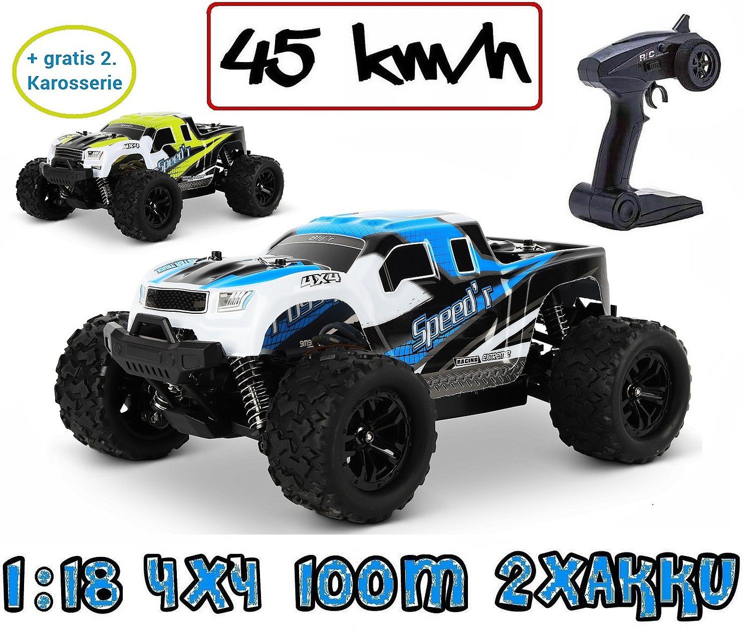 Blij´r RC-Auto Speed´r ferngesteuertes RC Auto 45 km/h, 1:18, 2 Akkus, Monstertruck (Komplettset), Ersatzkarosserie