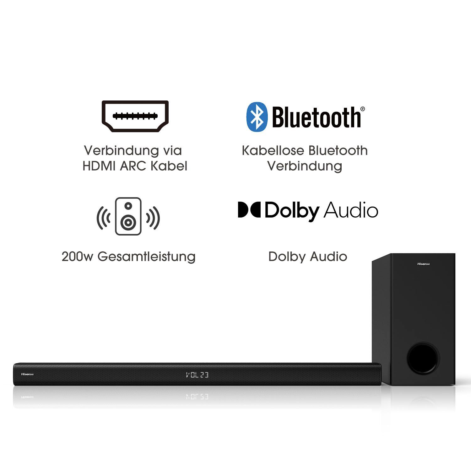Hisense HS218 2.1 Soundbar (Bluetooth, 200 W, Home Theater System, 200W, Subwoofer)