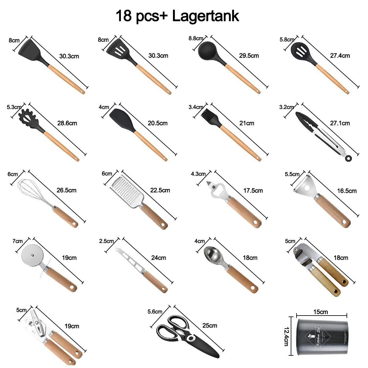 DOPWii Kochbesteck-Set 18 Stücke Silikon Kochgeschirr Set, Schwarz