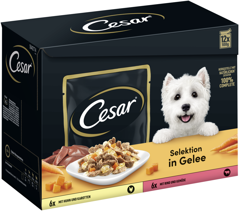 CESAR Portionsbeutel Multipack Selektion in Gelee mit Huhn und Karotten, mit Rind und Gemüse 12x100g