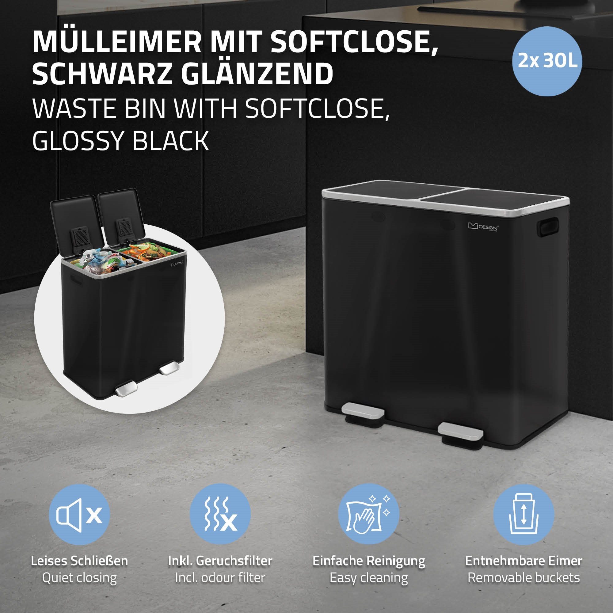 ML-DESIGN Mülleimer Mülltrennsystem Treteimer Abfalleimer, 2x30L Schwarz Edelstahl Inneneimer Klappdeckel Softclose luftdicht