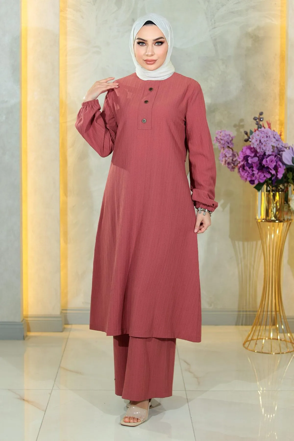 Modamihram  Geknöpftes Hijab-Set, getrocknete Rose, 10358