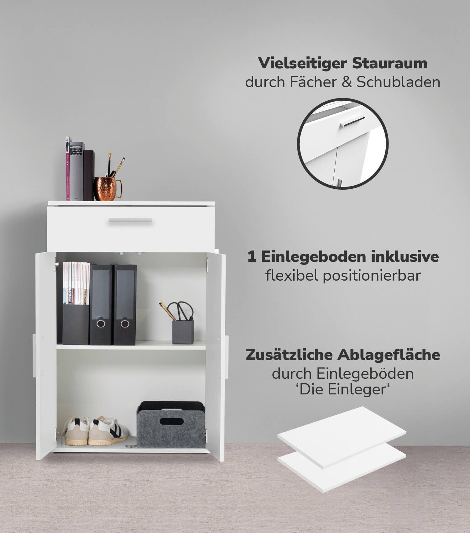 mokebo Mehrzweckschrank Der Praktische (90cm Höhe) Apothekerschrank, Vorratschrank, Schuhschrank, Küchenschrank Weiß