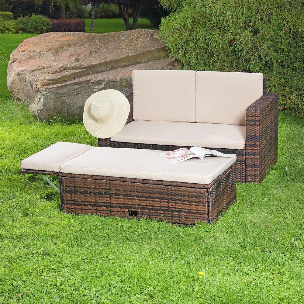 Mucola Gartenlounge-Set Polyrattan Gartensofa Lounge Sofa Gartenmöbel Gartensofa Sitzgarnitur, (Set, 2-tlg., Sofa & Ottomane), Kissen inkl. Reißverschluss, daher abnehm- und waschbar