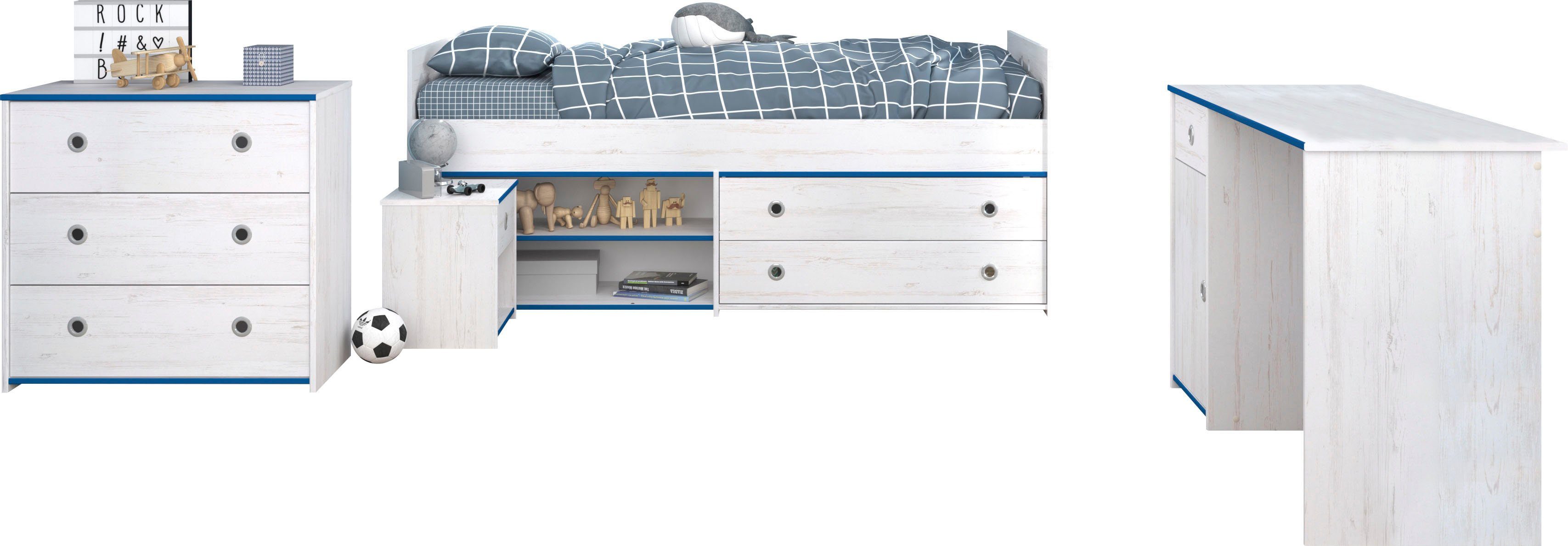 Parisot Jugendzimmer-Set Smoozy, (4-St., Stauraumbett, Nachttisch, Schreibtisch und Schubkastenkommode)