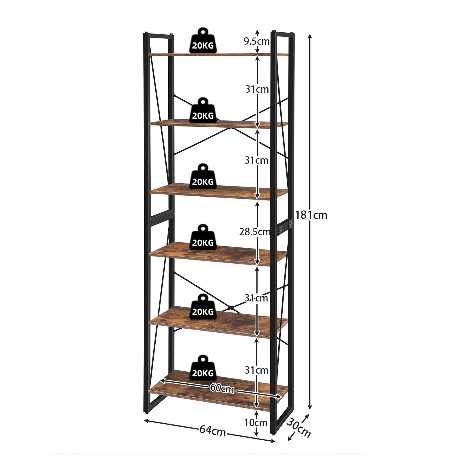 BERLINLODGE® Bücherregal Manhattan 6 Ebenen, Leiterregal Standregal vintage-braun industry-style, für Wohnzimmer, Büro, Schlafzimmer, Küche