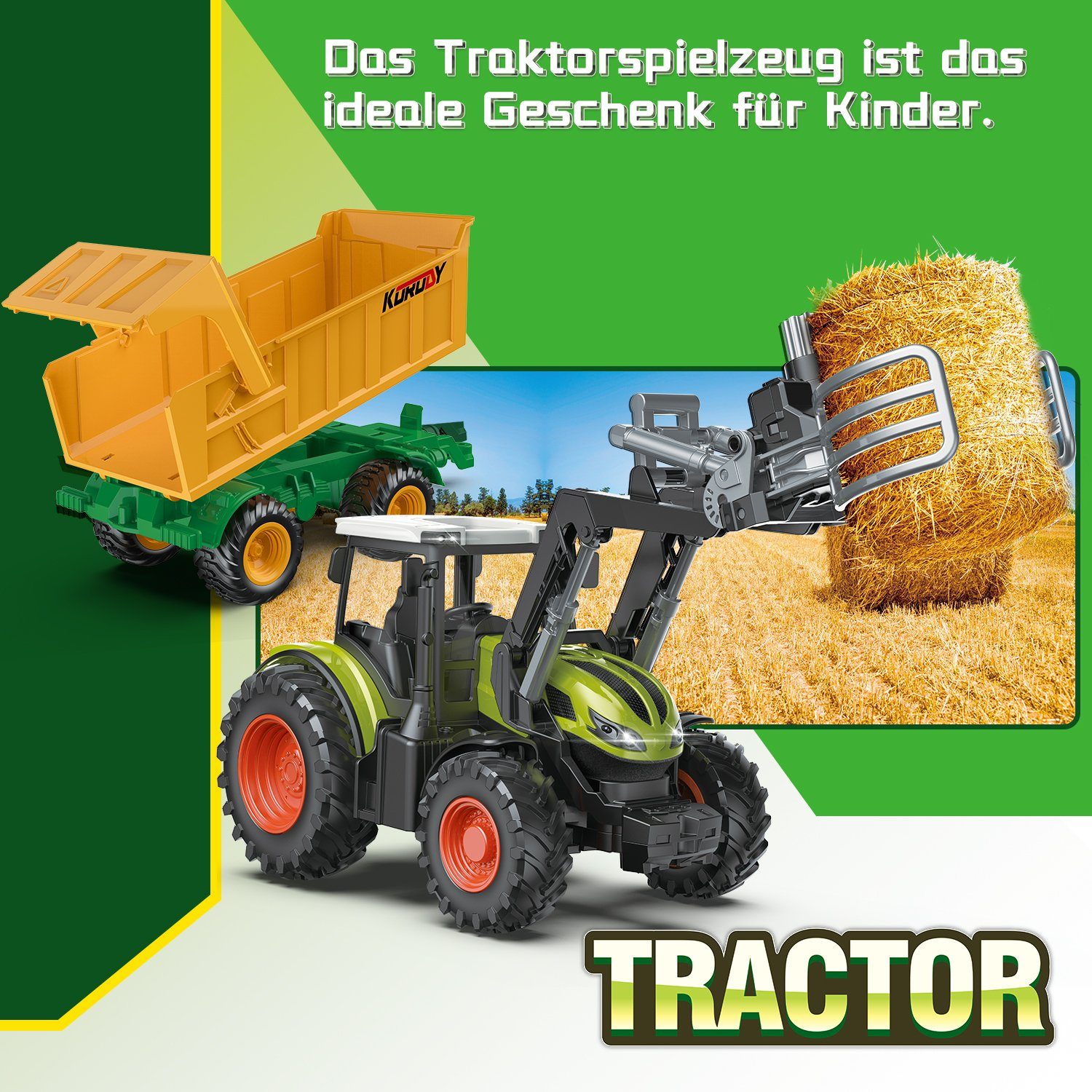 Esun Spielzeug-Traktor Traktor Spielzeug ab 3 4 5 Jahre, Bauernhof Spielzeug ab 3 Jahre, (Set, Komplettset), 5-teiliges Kinder Traktor Spielzeug mit Sound und Licht