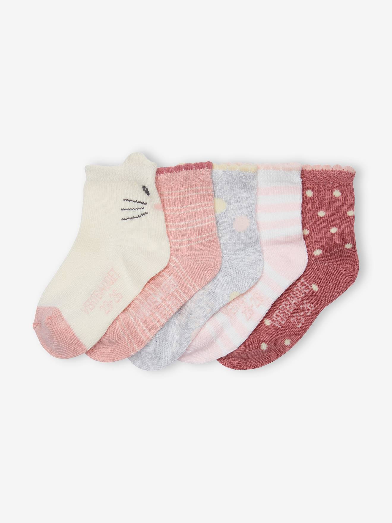 Lot de 5 paires de chaussettes fantaisie bébé fille vieux rose