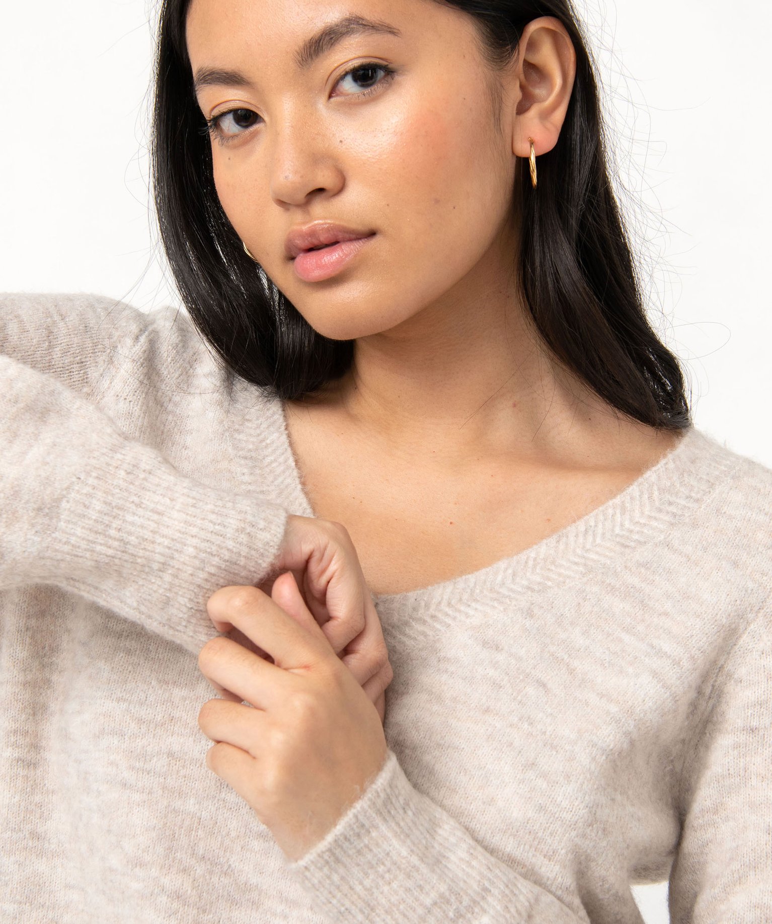 Pull femme à grand col V fantaisie ecru | GEMO