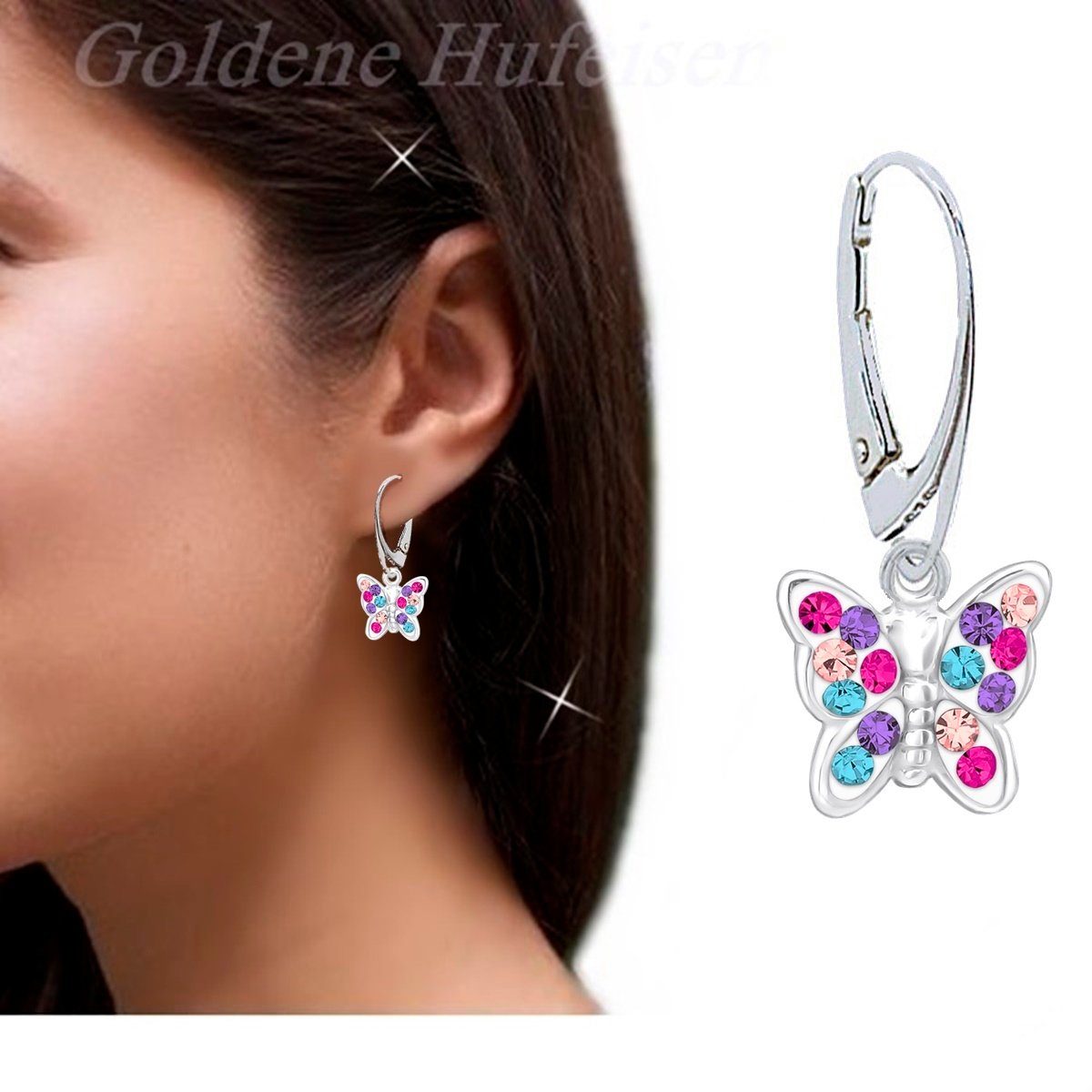 Goldene Hufeisen Schmuckset Kristall Schmetterling Ohrringe Anhänger Kette 925 Silber Set (4-tlg, inkl. Geschenk-Etui), Geschenkset