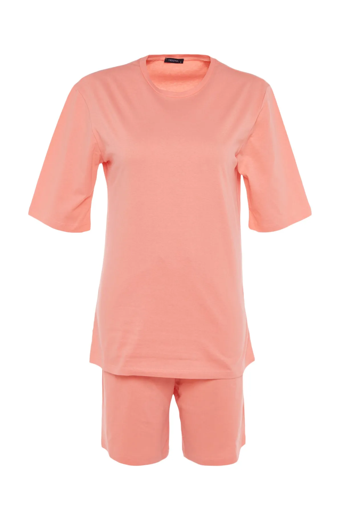 Trendyol Collection  Pfirsich Unisex 100 % Baumwolle Slogan bedrucktes T-Shirt-Shorts-Strick-Pyjama-Set THMSS22PT0694